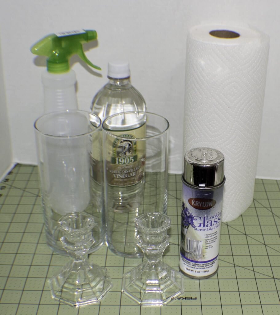 What you will Need for Faux Mercury Glass Dollar Store Fuax Mercury Glass Hurricanes